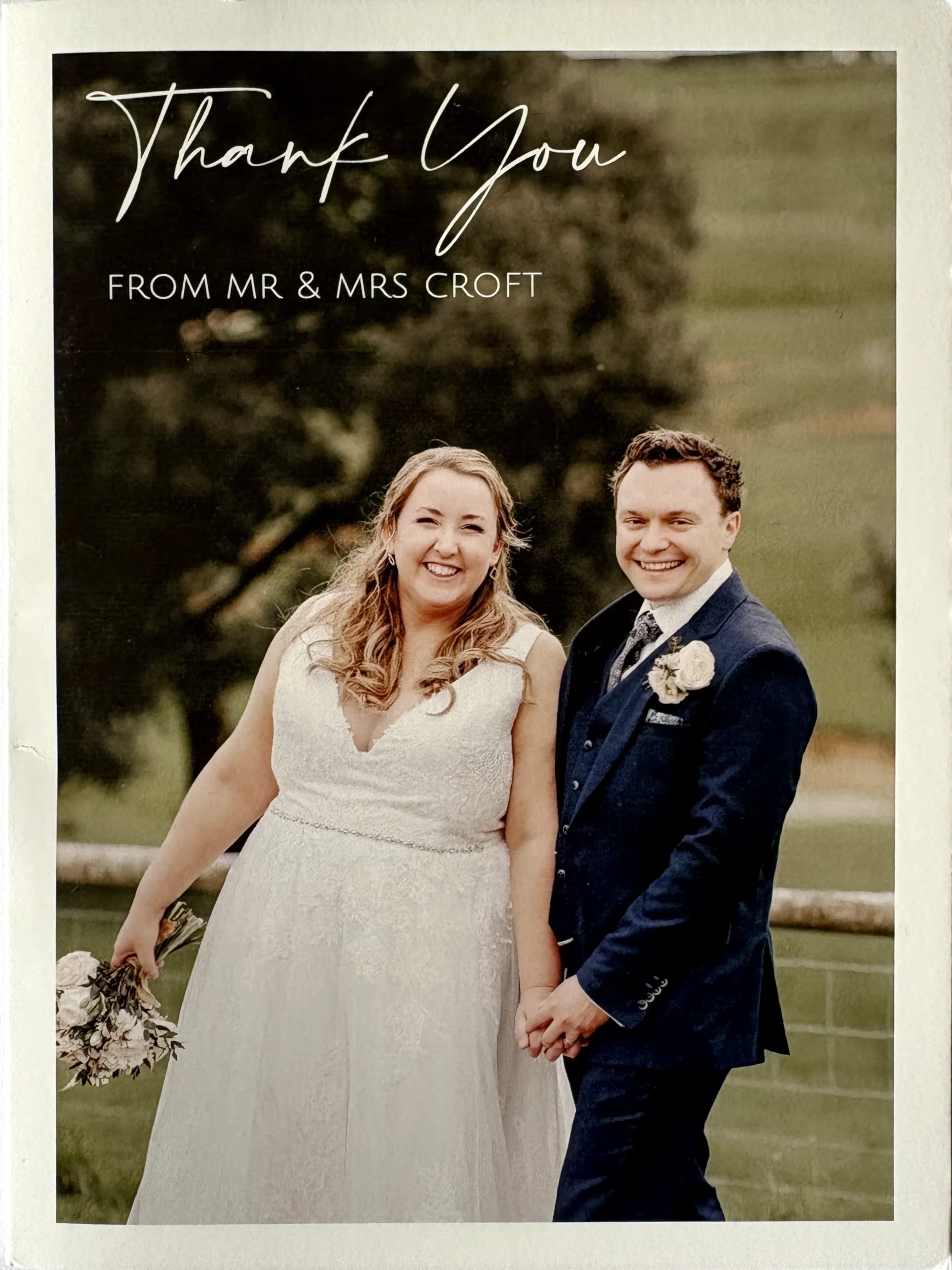 Handwritten wedding testimonial card for Cotswold Blooms, Kingscote Barn