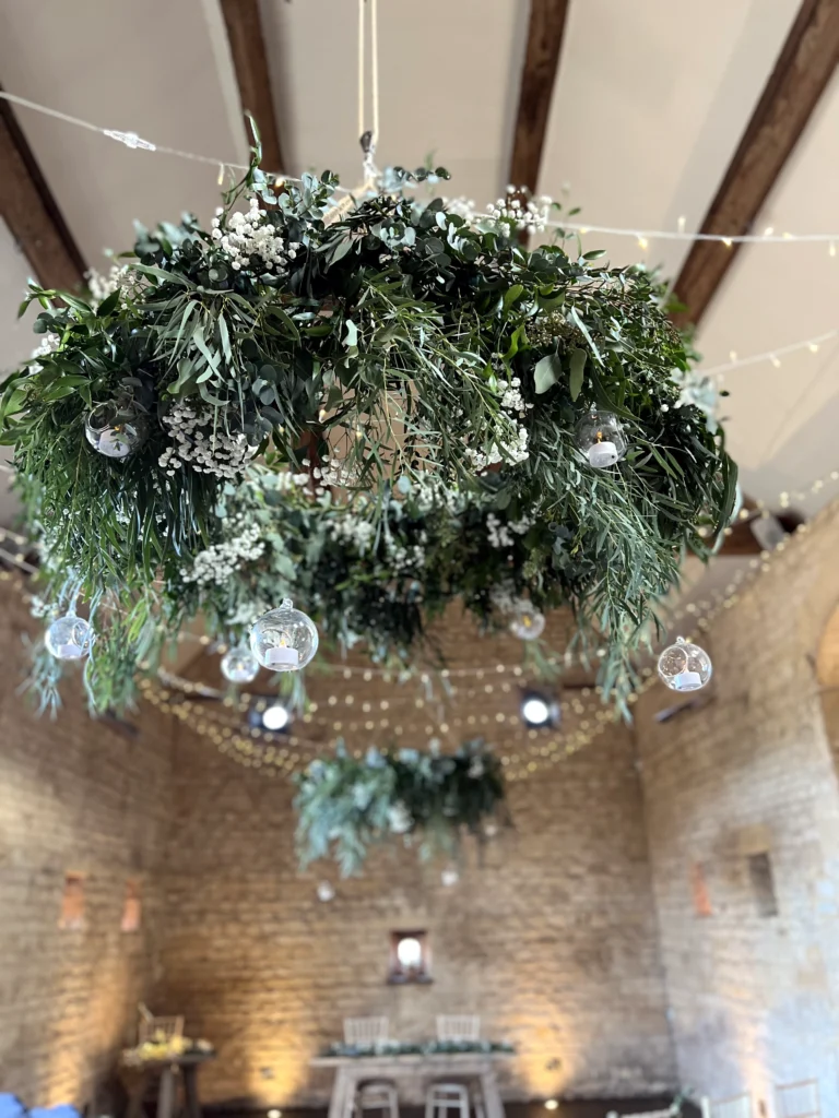 Floral installation Lapstone Barn wedding Cotswold Blooms