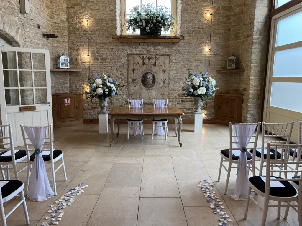 Ceremony floral styling Merriscourt Stone Barn Cotswold Blooms