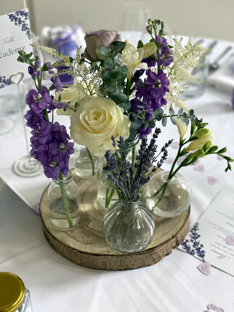 Table centrepiece wedding flowers Merriscourt White Barn