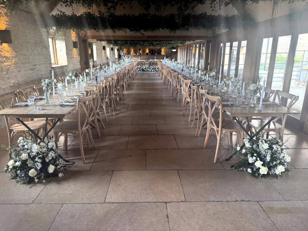 Wedding table flowers Old Gore Barn Cirencester florist