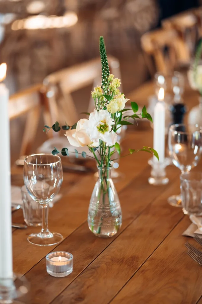 Wedding bud vase arrangement with rose, veronica and eustoma
