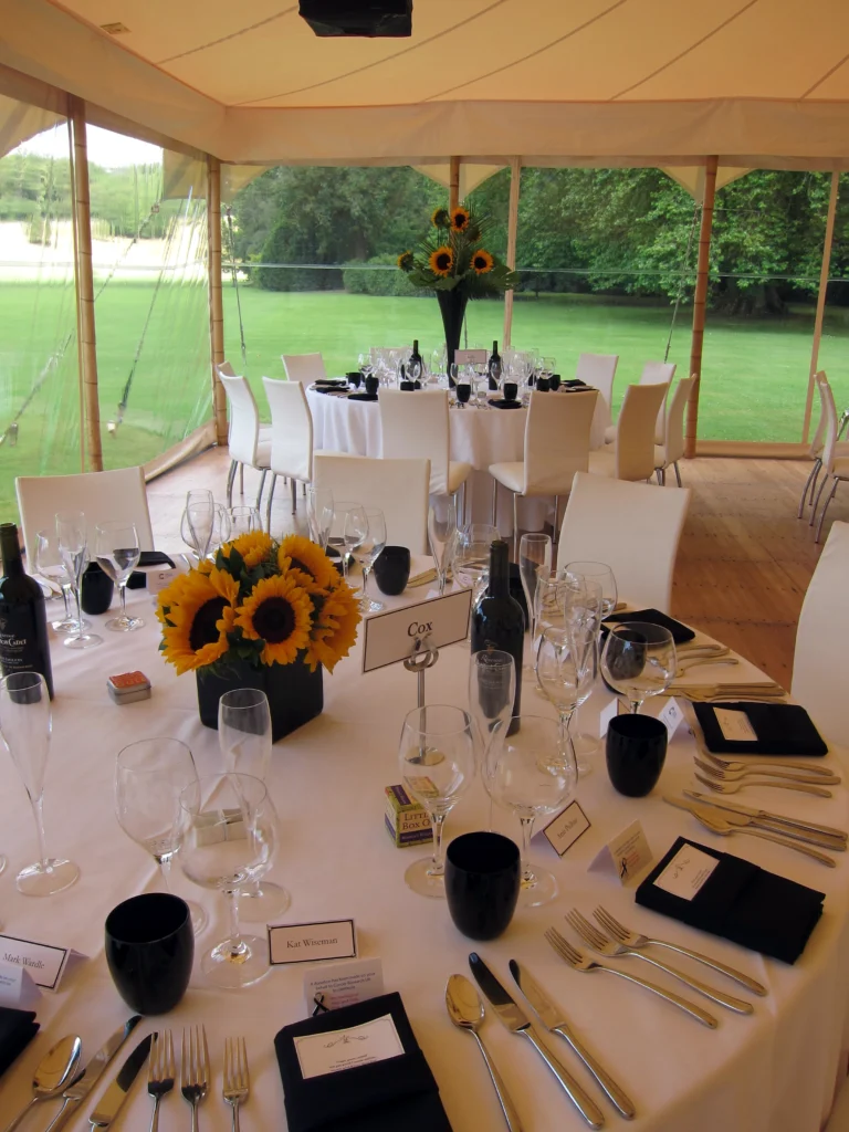 Sunflower wedding flower displays for a summer wedding in the Cotswolds